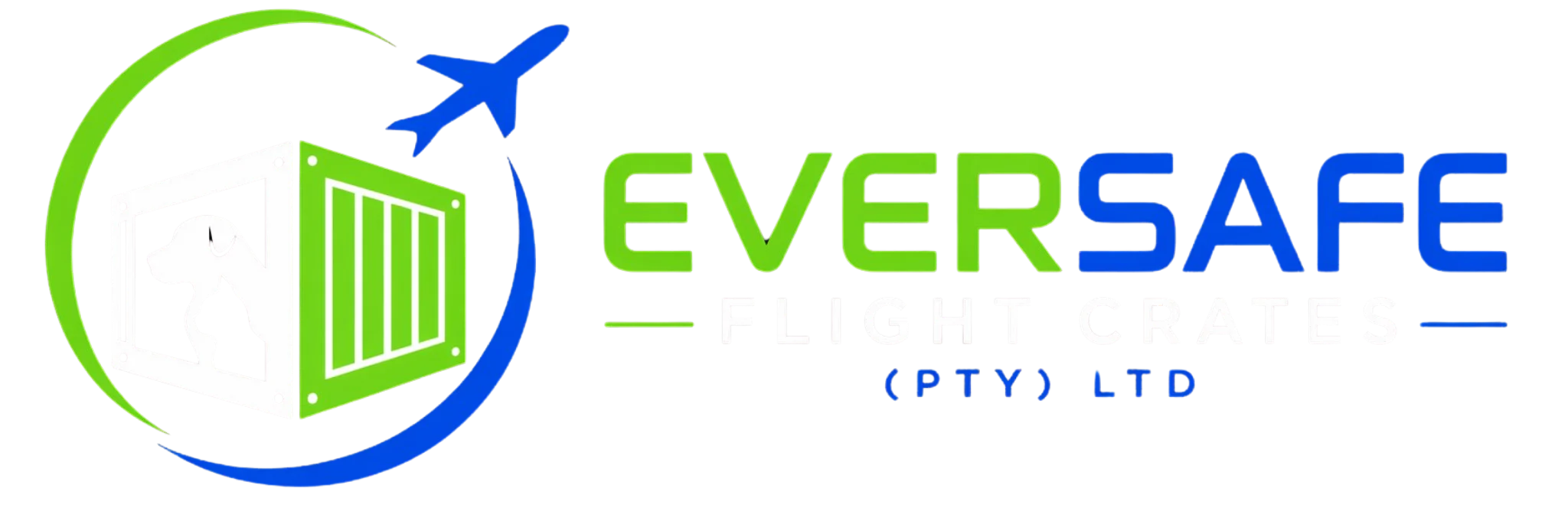 Eversafe Flight Crates logo with green container, airplane silhouette, and blue accents on black background